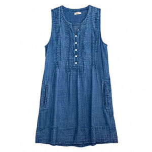 Faherty Blue Organic Cotton Pintuck Sleeveless Dress Large, Pockets